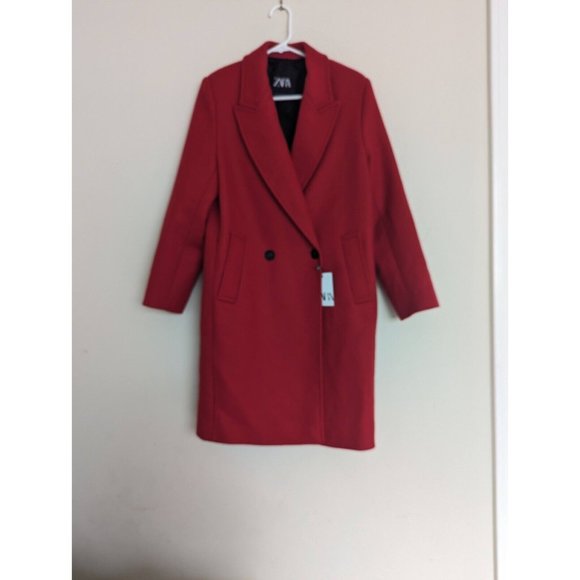 ZARA WOMEN RED LONG WOOL COAT DOUBLE BREASTED - Picture 8 of 12